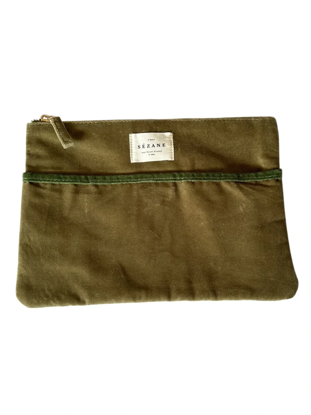 Sézane Olive Green Velvet Cosmetic Pouch Travel Makeup Bag